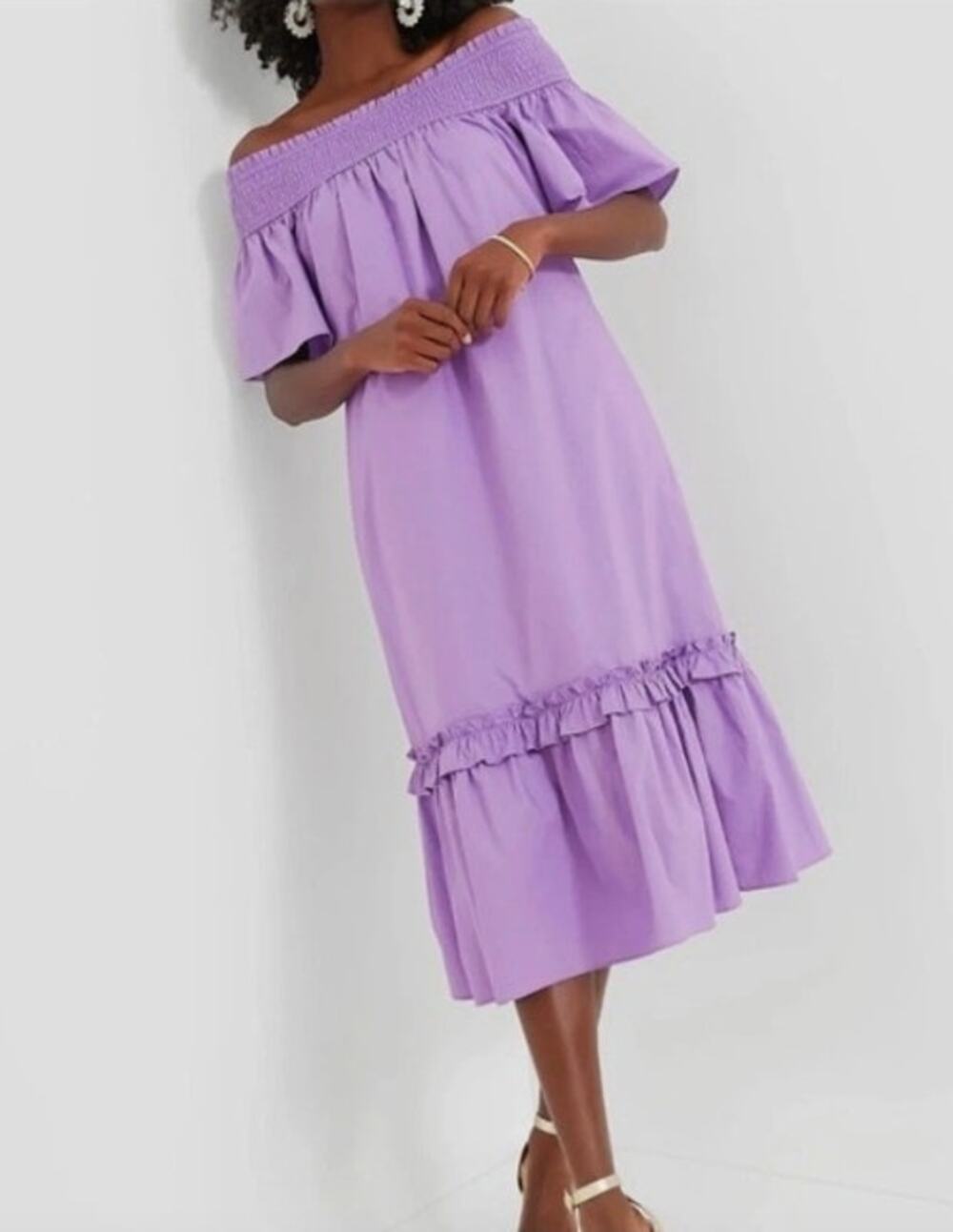 Hyacinth House Tuckernuck Lavender Smocked Off The Shoulder Midi Dress Size XXS